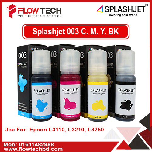 Splashjet 003 Ink Refill for Epson L3110, L3150, L3250 Printers – 65ml Dye-Based Ink Bottle Set (Black, Cyan, Magenta, Yellow)